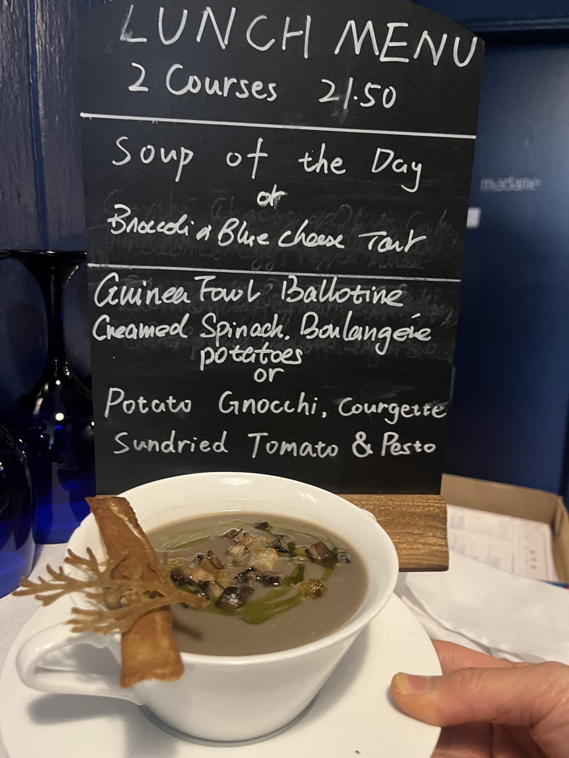 Mushroom soup and lunch menu board